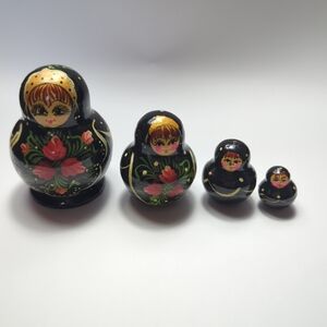 Vintage Black & Pink Matryoshka Russian Nesting Dolls 4 Painted Dolls